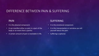 DIFFERENCE BETWEEN PAIN & SUFFERING
PAIN
• It is the physical component.
• It can manifest either as pain in a part of the
body or an event that is painful.
• A certain amount of pain is inevitable in life.
SUFFERING
• It is the emotional component.
• It is the interpretation or narrative you tell
yourself about the pain.
• Suffering is optional.
 