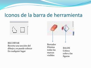 Iconos de la barra de herramientaRECORTARRecorta una sección del dibujo y se puede colocar En cualquier lugar BorradorElimina todas las marcas visiblesBALDEColoca color a las figuras