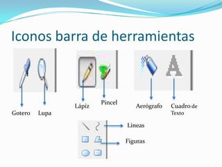 Iconos barra de herramientasPincelLápizAerógrafoCuadro de Texto GoteroLupaLineasFiguras