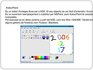 Programes similarsKritaÉs el programari de pintura digital i il.lustracióbasat en les llibreries de la plataforma KDE i inclòs en Calligra Suite Dissenyat com una suite de pintura digital i il lustració,Krita és programari lliure distribuït sota la llicència GNU GPL. El disseny de Krita fa èmfasi en la creació d'imatges des de zero en detriment de la manipulaciód'imatges existents, i com a tal ha estat influenciat en gran mesura per programes com CorelPainter. No obstant això, suporta característiques no tan comuns en aplicacions d'aquest,com ara la capacitat de treballar amb mapa de bits i il·lustració vectorial, entre d'altres, tot i això se centren en oferir característiques orientades al dibuix digital en contraposició de les funcions d'edició fotogràfica.