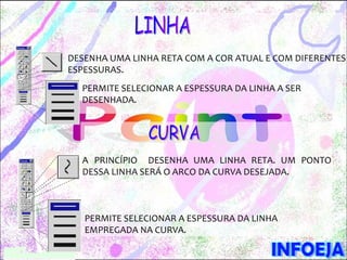 DESENHA UMA LINHA RETA COM A COR ATUAL E COM DIFERENTES
ESPESSURAS.
  PERMITE SELECIONAR A ESPESSURA DA LINHA A SER
  DESENHADA.




  A PRINCÍPIO DESENHA UMA LINHA RETA. UM PONTO
  DESSA LINHA SERÁ O ARCO DA CURVA DESEJADA.



   PERMITE SELECIONAR A ESPESSURA DA LINHA
   EMPREGADA NA CURVA.
 