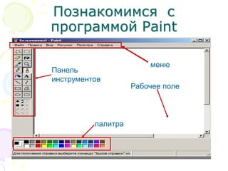 Познакомимся с
программой Paint
меню
Панель
инструментов
палитра
Рабочее поле
 