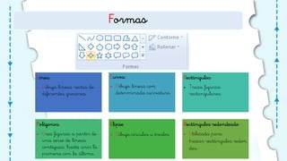 Formas
Línea:
• Dibuja líneas rectas de
diferentes grosores.
Curva:
• Dibuja líneas con
determinada curvatura.
Rectángulos:
• Traza figuras
rectangulares.
Polígonos:
• Crea figuras a partir de
una serie de líneas
contiguas, hasta unir la
primera con la última.
Elipse:
• Dibuja círculos u óvalos.
Rectángulos redondeado:
• Utilizada para
trazar rectángulos redon
dos.
 