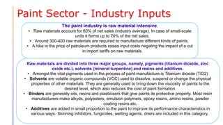 Paint Sector - Industry Inputs
The paint industry is raw material intensive.
• Raw materials account for 60% of net sales (industry average). In case of small-scale
units it forms up to 70% of the net sales.
• Around 300-400 raw materials are required to manufacture different kinds of paints.
• A hike in the price of petroleum products raises input costs negating the impact of a cut
in import tariffs on raw materials.
Raw materials are divided into three major groups, namely, pigments (titanium dioxide, zinc
oxide etc.), solvents (mineral turpentine) and resins and additives.
• Amongst the vital pigments used in the process of paint manufacture is Titanium dioxide (TiO2)
• Solvents are volatile organic compounds (VOC) used to dissolve, suspend or change the physical
properties of other materials. They are generally used to bring down the viscosity of paints to the
desired level, which also reduces the cost of paint formation.
• Binders are generally oils, resins and plasticisers that give paints its protective property. Most resin
manufacturers make alkyds, polyesters, emulsion polymers, epoxy resins, amino resins, powder
coating resins etc.
• Additives are added in small proportion to the paint to improve its performance characteristics in
various ways. Skinning inhibitors, fungicides, wetting agents, driers are included in this category.
 