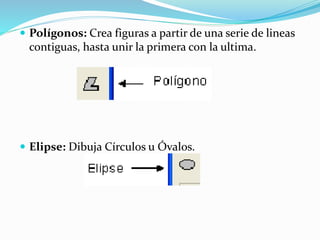  Polígonos: Crea figuras a partir de una serie de lineas
contiguas, hasta unir la primera con la ultima.
 Elipse: Dibuja Círculos u Óvalos.
 