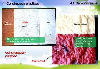 Flame Test Using special-purpose 4. Construction practices 4.1 Demonstration Urethane Foam  Urethane Foam  + water-based primary + top coating  tile middle Top coating Tile+ water-based primary + middle + top coating  