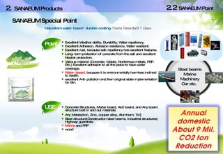 SANAEUM Special Point  Naturalism water-based  durable coating- Flame Retardant 1 class Point USE Concrete Structures, Mortar board, ALC board, and Any board structure built in and out materials Any Metals(Iron, Zinc, copper alloy, Aluminum, Tin ) Steel structure(Construction steel beams, Industrial structures) Highway guardrails Marine  and FRP wood Excellent Weather ability, Durability, Water repellency. Excellent Adhesion, Abrasion resistance, Water resistant. Excellent rust, because salt-repellency has excellent features. Long-term protection of concrete from the salt and excellent Neutral protection . Various material (Concrete, Metals, Nonferrous metals, FRP. Etc.) Excellent adhesion to all the place to have wider coverage . Water-based,  because it is environmentally harmless inclined to health.   excellent Anti-pollution and then original state implementation by rain. Steel beams Marine Machinery Car etc.  2.2  SANAEUM Point 2.  SANAEUM Products 