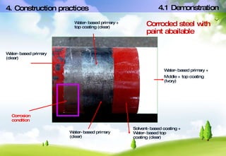 Corrosion condition Water-based primary + top coating (clear) Corroded steel with paint abailable 4. Construction practices 4.1 Demonstration Water-based primary (clear) Water-based primary +  Middle + top coating (Ivory) Water-based primary (clear) Solvent-based coating + Water-based top coating (clear) 