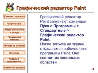 Графический редактор Paint запускают командой  Пуск > Программы > Стандартные > Графический редактор Paint. После запуска на экране открывается рабочее окно программы Paint. Оно состоит из нескольких областей   Графический редактор Paint Рабочее окно   Главная страница Рисование линий и фигур  Размещение текста   Работа со цветом   Очистка   Работа с  Фрагментом   Изменение рисунка   