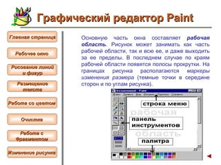 Основную часть окна составляет  рабочая область .  Рисунок может занимать как часть рабочей области, так и всю ее, и даже выходить за ее пределы. В последнем случае по краям рабочей области появятся полосы прокрутки. На границах рисунка располагаются  маркеры изменения размера  (темные точки в середине сторон и по углам рисунка).   Рабочее окно   Главная страница Рисование линий и фигур  Размещение текста   Работа со цветом   Очистка   Работа с  Фрагментом   Изменение рисунка   Графический редактор Paint 