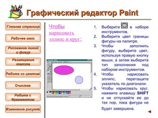 Чтобы  нарисовать  эллипс и круг :   Выберите  в наборе инструментов.  Выберите цвет границы фигуры на палитре.  Чтобы заполнить фигуру, выберите цвет, используя правую кнопку мыши, а затем выберите тип заполнения под набором инструментов.  Чтобы нарисовать эллипс, перетащите указатель по диагонали.  Чтобы нарисовать круг, нажмите клавишу  SHIFT  и не отпускайте ее до тех пор, пока фигура не будет завершена.   Графический редактор Paint Рабочее окно   Главная страница Рисование линий и фигур  Размещение текста   Работа со цветом   Очистка   Работа с  Фрагментом   Изменение рисунка   