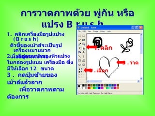 การวาดภาพด้วย พู่กัน หรือ
         แปรง B r u s h  
1. คลิกเครื่องมือรูปแปรง
    (B rus h)
 ตัวชีของเม้าส์จะเป็นรูป
       ้
    เครื่องหมายบวก               1. คลิก
2เมื่ออยูกขนาดของหัวแปรง
   . เลือ ่บนหน้าจอ
ในกล่องรูปแบบ เครื่องมือ ซึง
                           ่               3 . วาด
มีให้เลือก 12 ขนาด             2 . เลือก
3 . กดปุมซ้ายของ
          ่
เม้าส์แล้วลาก
     เพื่อวาดภาพตาม
ต้องการ
 