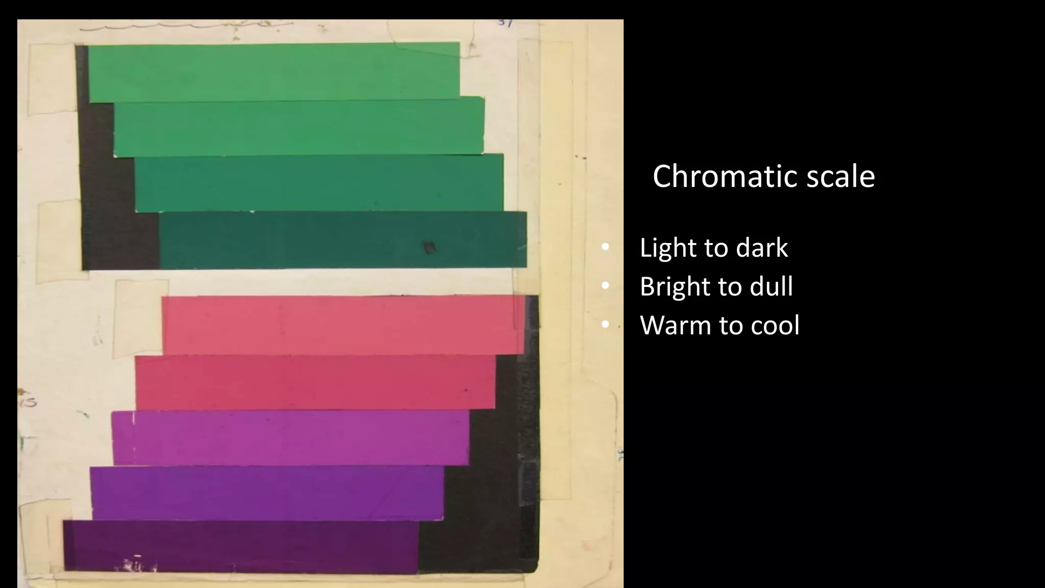 Chromatic scale
• Light to dark
• Bright to dull
• Warm to cool