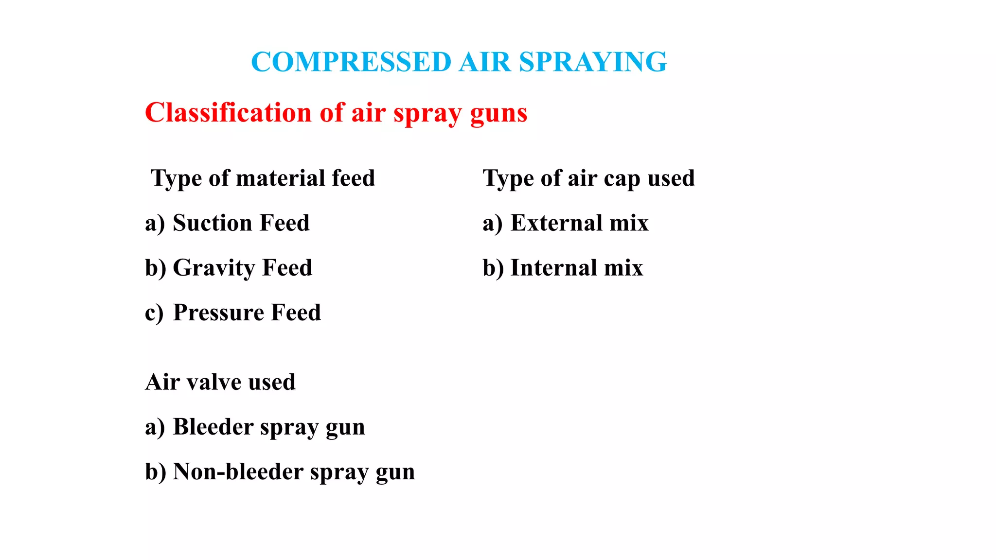 COMPRESSED AIR SPRAYING
Type of material feed
a) Suction Feed
b) Gravity Feed
c) Pressure Feed
Classification of air spray guns
Type of air cap used
a) External mix
b) Internal mix
Air valve used
a) Bleeder spray gun
b) Non-bleeder spray gun
 