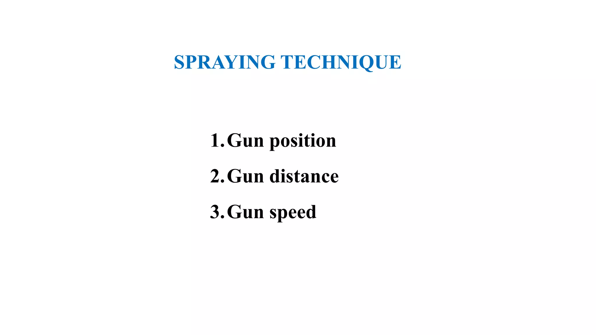 1.Gun position
2.Gun distance
3.Gun speed
SPRAYING TECHNIQUE
 