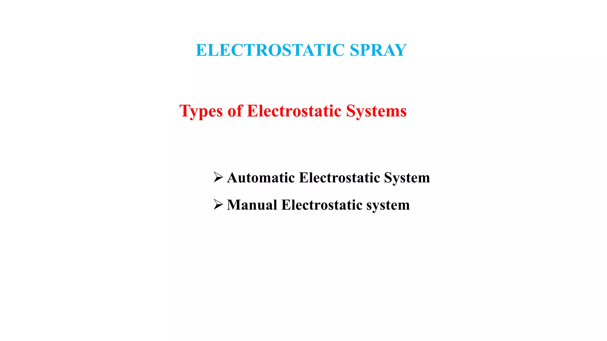 ELECTROSTATIC SPRAY
Types of Electrostatic Systems
Automatic Electrostatic System
Manual Electrostatic system
 