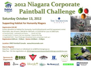 2012 Niagara Corporate
                  Paintball Challenge
Saturday October 13, 2012
Supporting Habitat For Humanity Niagara
Registration $35.00
Covers donation to Habitat for Humanity, lunch/refreshments and full equipment rental.
Paint Balls, day of event, $40.00 for 500 balls, or $120.00 for case of 2000 balls
  Everyone plays. Individuals and Teams……….Games ALL Day
  Large Forest, 2-4 teams, last man standing – Capture the Flag
  Speedball Field – Team Challenges (Corporate teams and groups made up.)
Registration 8:00 am - 9:00am Games 10:00am – 4:00pm

Location: DMZ Paintball Canada www.dmzcanada.com

How to Register
Step One: Confirm team or individuals to neil@thorntongroup.ca
Step Two: On line registration at: 2012niagaracorporatepaintballchallenge.eventbrite.com


 Sponsors &
 Supporters
 