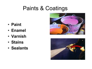 Paints & Coatings
• Paint
• Enamel
• Varnish
• Stains
• Sealants
 