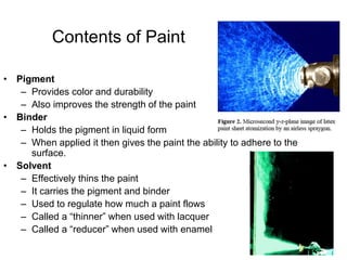 Contents of Paint
• Pigment
– Provides color and durability
– Also improves the strength of the paint
• Binder
– Holds the pigment in liquid form
– When applied it then gives the paint the ability to adhere to the
surface.
• Solvent
– Effectively thins the paint
– It carries the pigment and binder
– Used to regulate how much a paint flows
– Called a “thinner” when used with lacquer
– Called a “reducer” when used with enamel
 