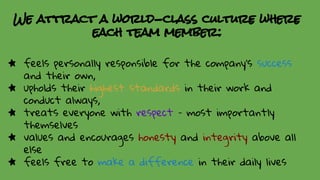 We attract a world-class culture where
each team member:
★ feels personally responsible for the company’s success
and thei...
