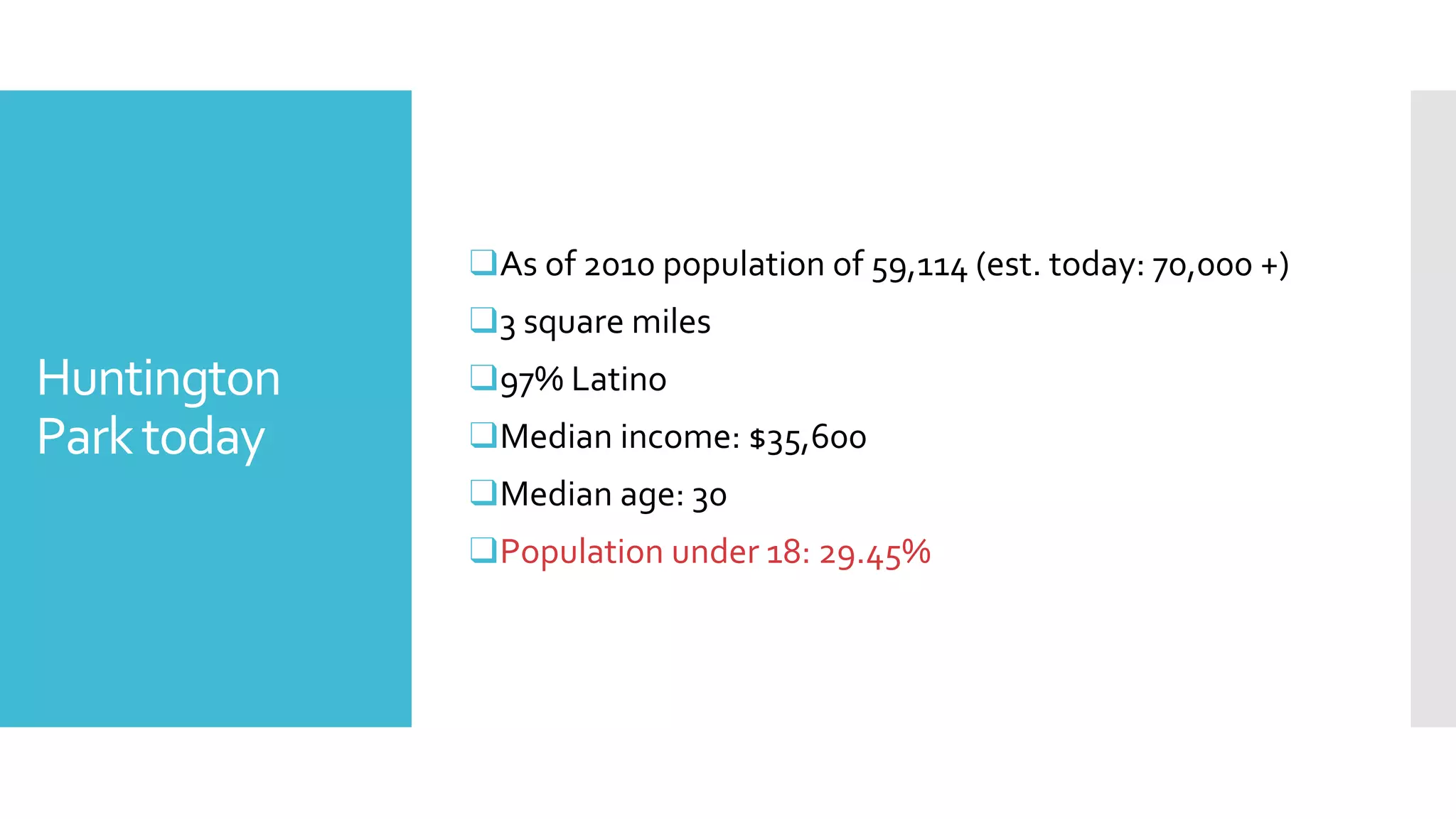 Huntington
Parktoday
❑As of 2010 population of 59,114 (est. today: 70,000 +)
❑3 square miles
❑97% Latino
❑Median income: $35,600
❑Median age: 30
❑Population under 18: 29.45%
 
