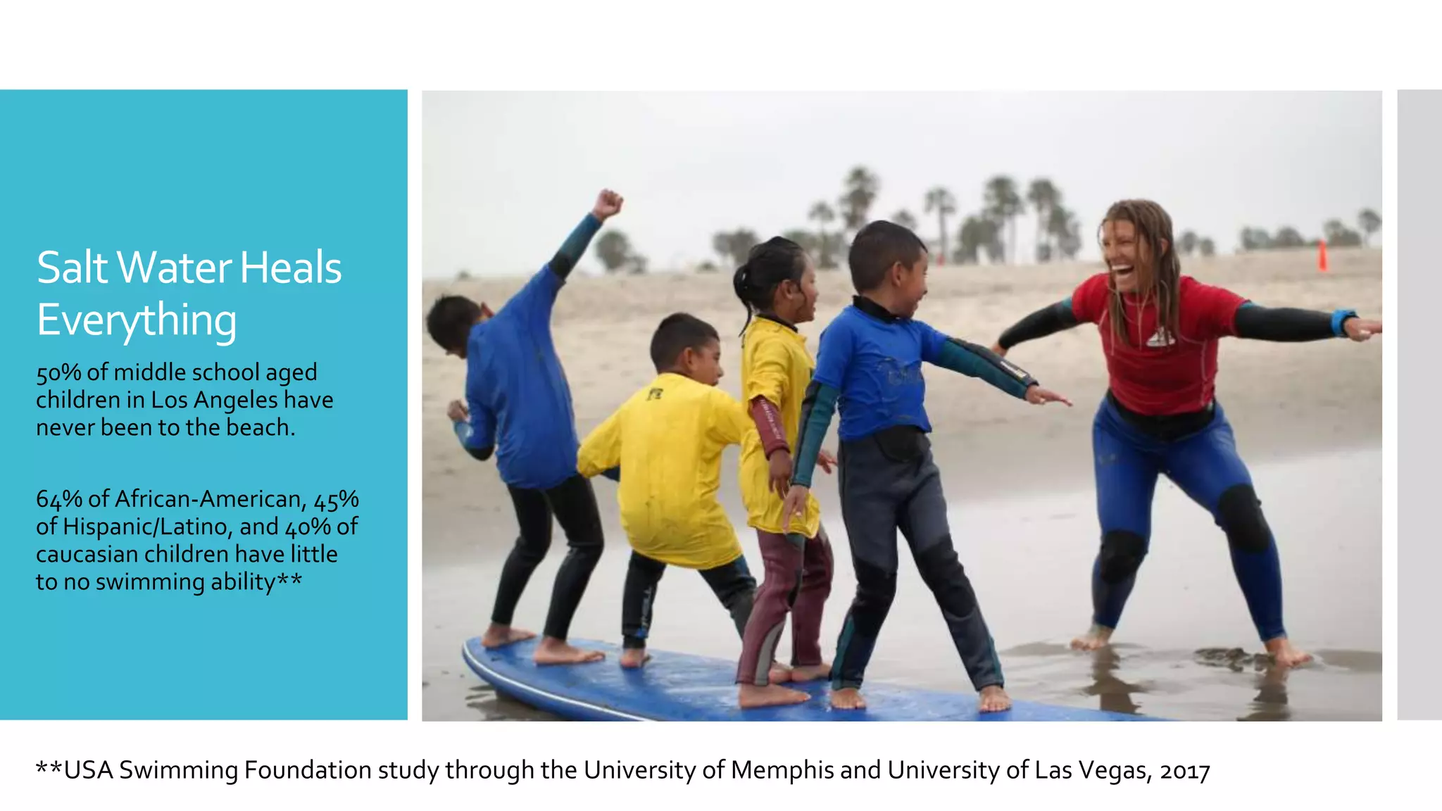 SaltWaterHeals
Everything
50% of middle school aged
children in Los Angeles have
never been to the beach.
64% of African-American, 45%
of Hispanic/Latino, and 40% of
caucasian children have little
to no swimming ability**
**USA Swimming Foundation study through the University of Memphis and University of Las Vegas, 2017
 