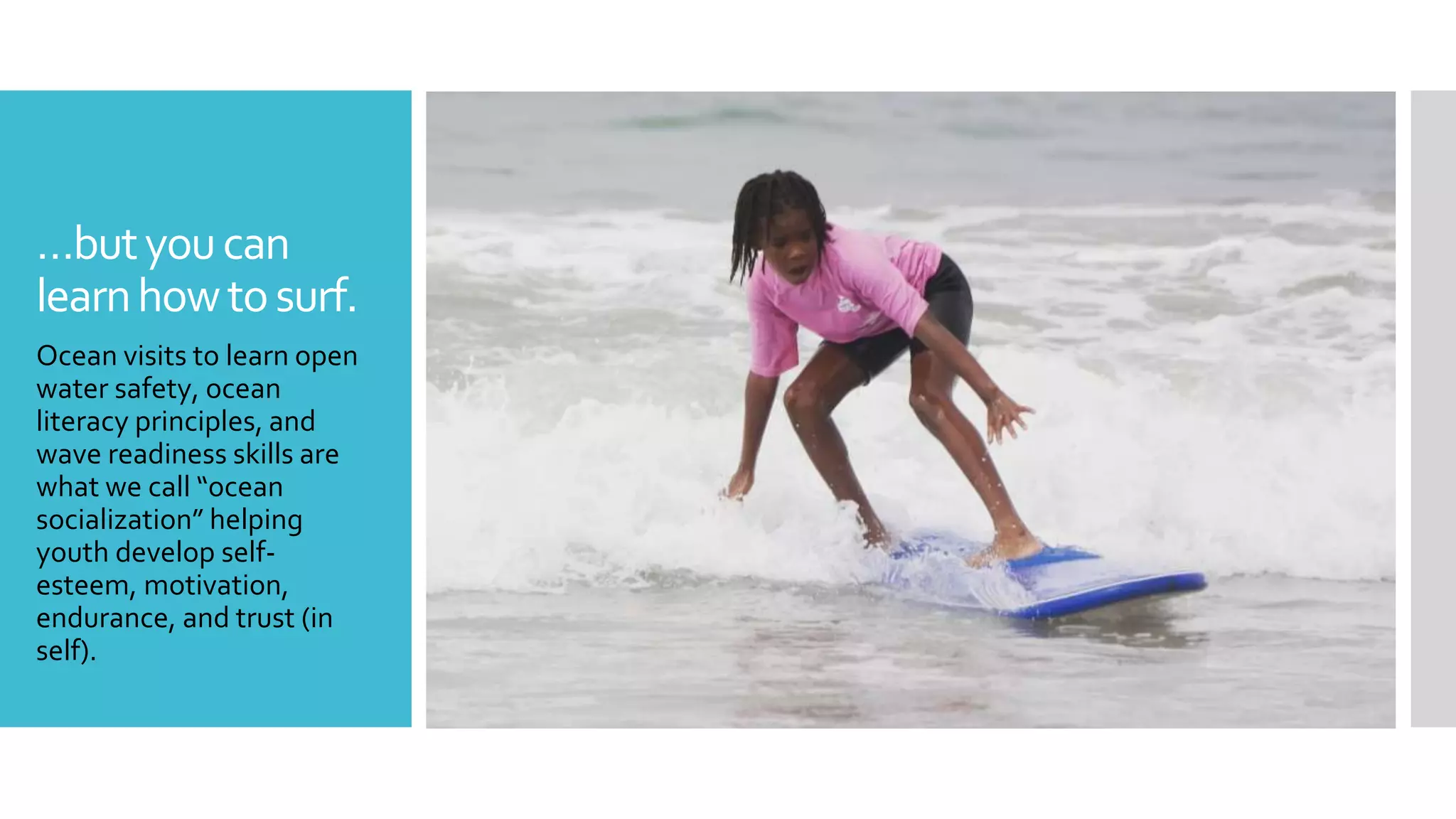 …butyoucan
learnhowtosurf.
Ocean visits to learn open
water safety, ocean
literacy principles, and
wave readiness skills are
what we call “ocean
socialization” helping
youth develop self-
esteem, motivation,
endurance, and trust (in
self).
 