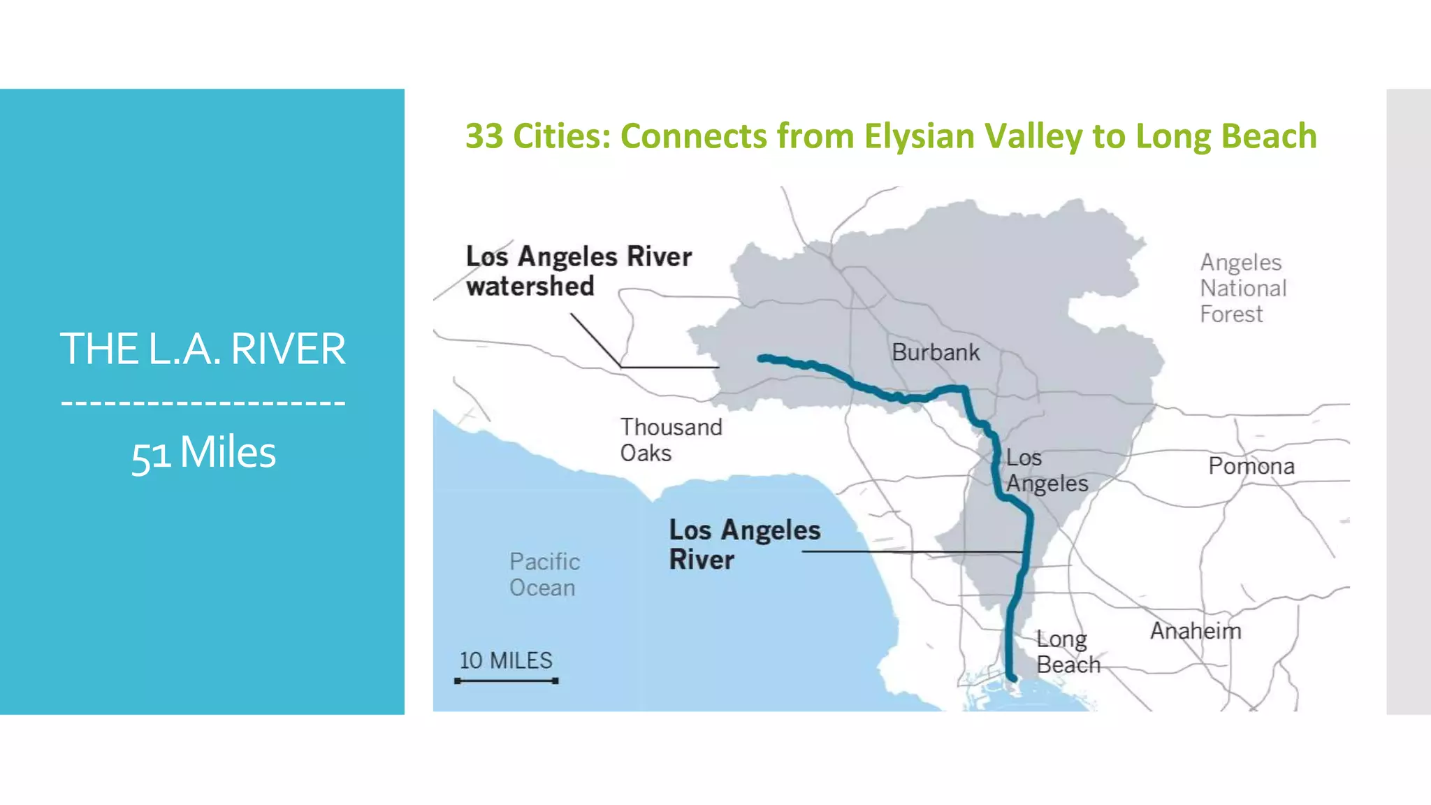 THEL.A.RIVER
--------------------
51Miles
33 Cities: Connects from Elysian Valley to Long Beach
 