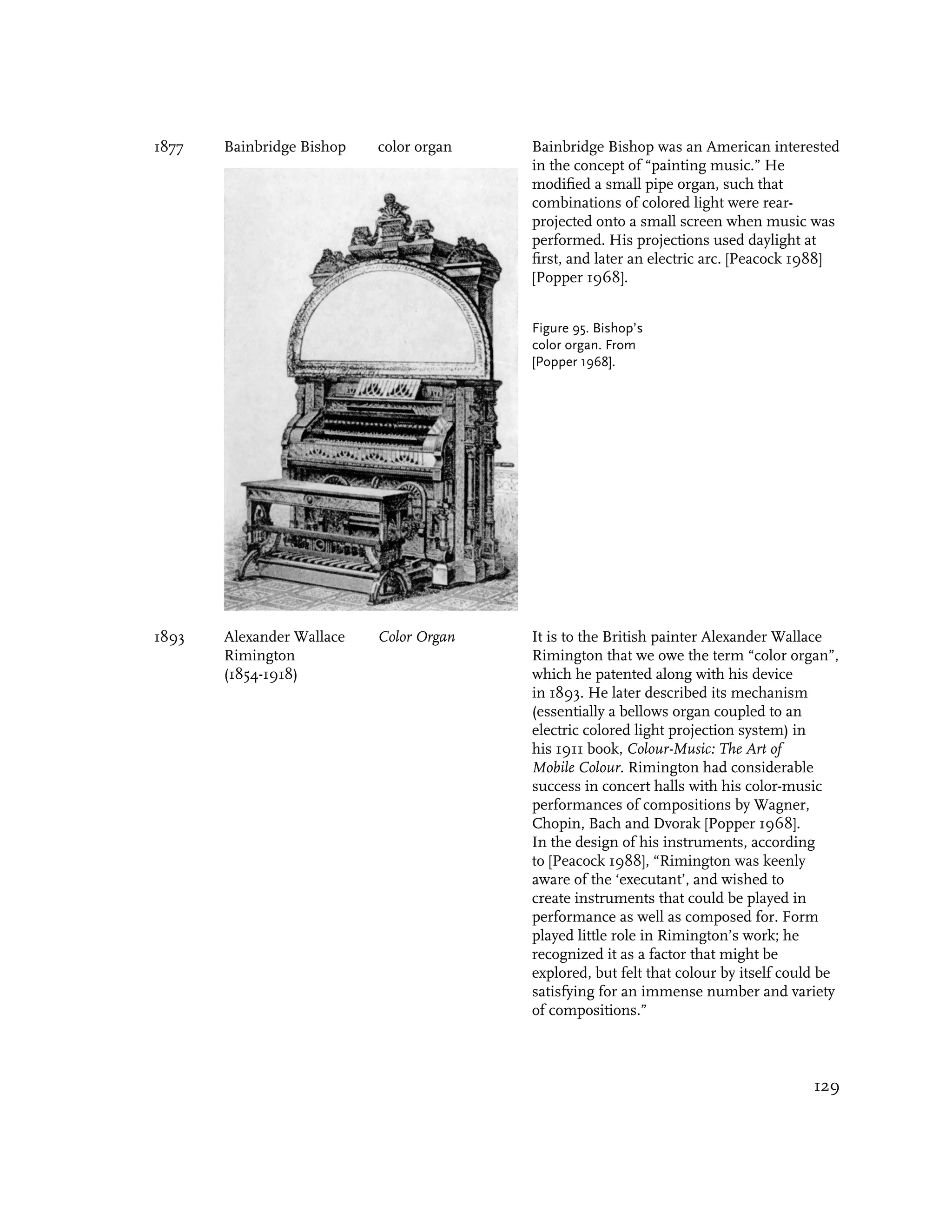 1877   Bainbridge Bishop   color organ   Bainbridge Bishop was an American interested
                                         in the concept of “painting music.” He
                                         modified a small pipe organ, such that
                                         combinations of colored light were rear-
                                         projected onto a small screen when music was
                                         performed. His projections used daylight at
                                         first, and later an electric arc. [Peacock 1988]
                                         [Popper 1968].


                                         Figure 95. Bishop’s
                                         color organ. From
                                         [Popper 1968].




1893   Alexander Wallace   Color Organ   It is to the British painter Alexander Wallace
       Rimington                         Rimington that we owe the term “color organ”,
       (1854-1918)                       which he patented along with his device
                                         in 1893. He later described its mechanism
                                         (essentially a bellows organ coupled to an
                                         electric colored light projection system) in
                                         his 1911 book, Colour-Music: The Art of
                                         Mobile Colour. Rimington had considerable
                                         success in concert halls with his color-music
                                         performances of compositions by Wagner,
                                         Chopin, Bach and Dvorak [Popper 1968].
                                         In the design of his instruments, according
                                         to [Peacock 1988], “Rimington was keenly
                                         aware of the ‘executant’, and wished to
                                         create instruments that could be played in
                                         performance as well as composed for. Form
                                         played little role in Rimington’s work; he
                                         recognized it as a factor that might be
                                         explored, but felt that colour by itself could be
                                         satisfying for an immense number and variety
                                         of compositions.”



                                                                                      129
 