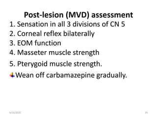 Post-lesion (MVD) assessment
1. Sensation in all 3 divisions of CN 5
2. Corneal reflex bilaterally
3. EOM function
4. Masseter muscle strength
5. Pterygoid muscle strength.
Wean off carbamazepine gradually.
296/16/2020
 