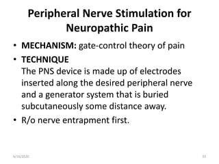 Peripheral Nerve Stimulation for
Neuropathic Pain
• MECHANISM: gate-control theory of pain
• TECHNIQUE
The PNS device is made up of electrodes
inserted along the desired peripheral nerve
and a generator system that is buried
subcutaneously some distance away.
• R/o nerve entrapment first.
336/16/2020
 