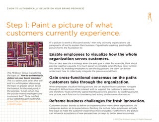 { HOW TO AUTHENTICALLY DELIVER ON YOUR BRAND PROMISES}
© 2013 The McGlown Group, All Rights Reserved
If “a picture is worth a thousand words,” then why do many organizations use
paragraphs of text to explain their business. Figuratively speaking, painting the
picture forms the foundation to:
Enable employees to visualize how the whole
organization serves customers.
We can best execute a strategy when the end goal is clear. For example, think about
piecing together a puzzle. It is much easier to complete when the box cover is front
and center. By enabling employees to see the big picture, the team can better
understand how to collectively integrate the pieces around them.
Gain cross-functional consensus on the paths
customers take through the organization.
When employees visualize the big picture, we can explore how customers navigate
through it. All functions either interact with or support the customer’s experience,
and therefore, must commonly agree that the picture is accurate. By working around
one picture, each function is considering and acting on the same information.
Reframe business challenges for fresh innovation.
Customers expect brands to deliver an experience that meets their expectations. As
categories evolve, so do expectations. Painting the picture helps employees actively
find ways to make the customer experience more enjoyable. Furthermore, the picture
can influence acceptance of new perspectives on ways to better serve customers.
Step 1: Paint a picture of what
customers currently experience.
The McGlown Group is exploring
the topic of “How to authentically
deliver on your brand promises.”
This is a seven part series that will
end in a white paper discussing
the topic in greater detail. Be on
the lookout for the next point in
the process, “Level-set on how
the picture makes employees and
customers feel.” To be notified
of our latest thought leadership,
follow The McGlown Group at our
LinkedIn page.
 