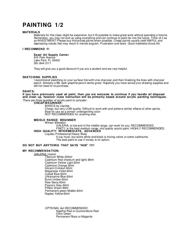 Painting 1/2 Materials List