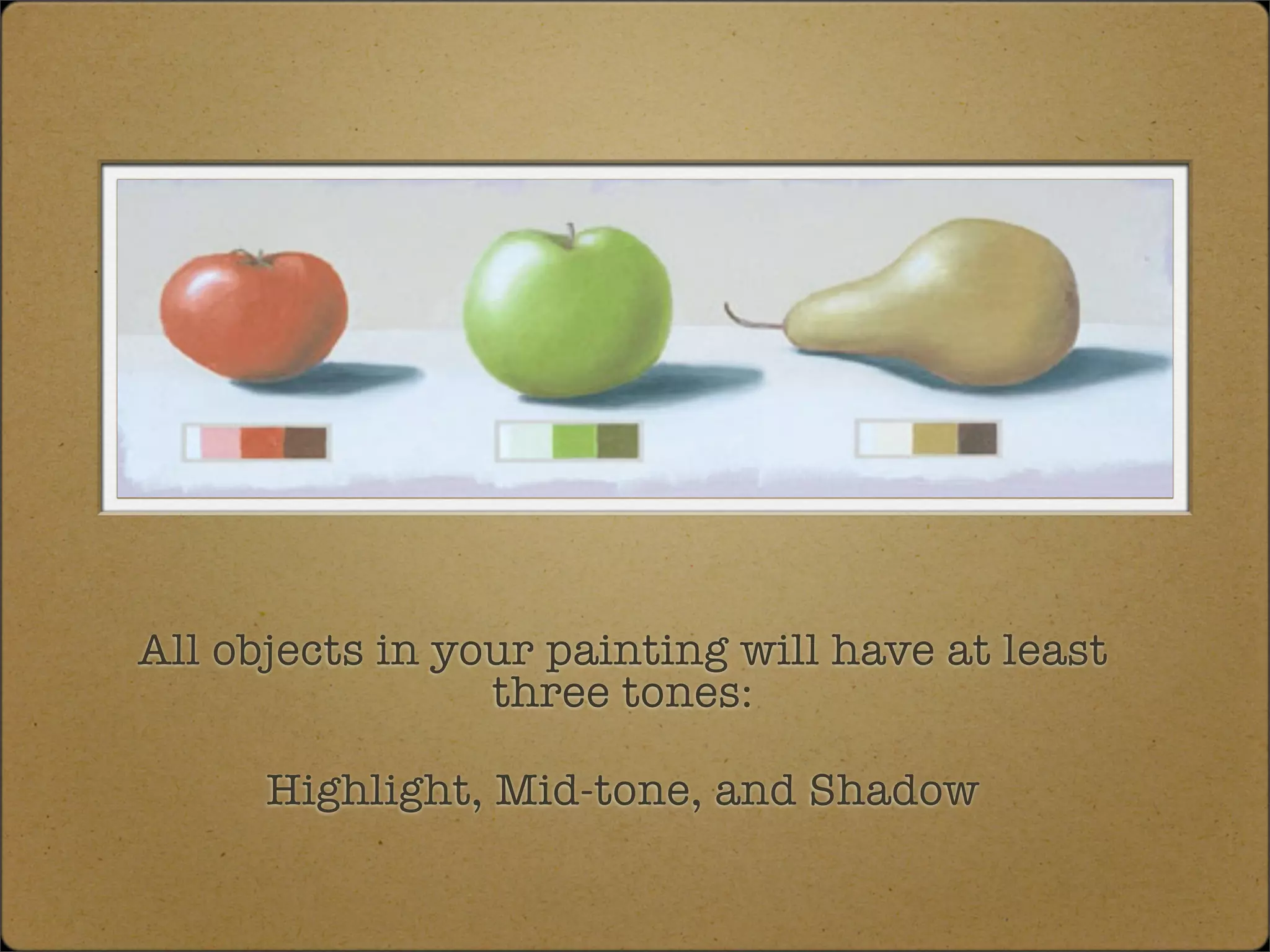 All objects in your painting will have at least
                 three tones:

      Highlight, Mid-tone, and Shadow
 