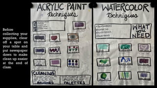 Before
collecting your
supplies, clear
off a spot on
your table and
put newspaper
down to make
clean up easier
at the end of
class.
 