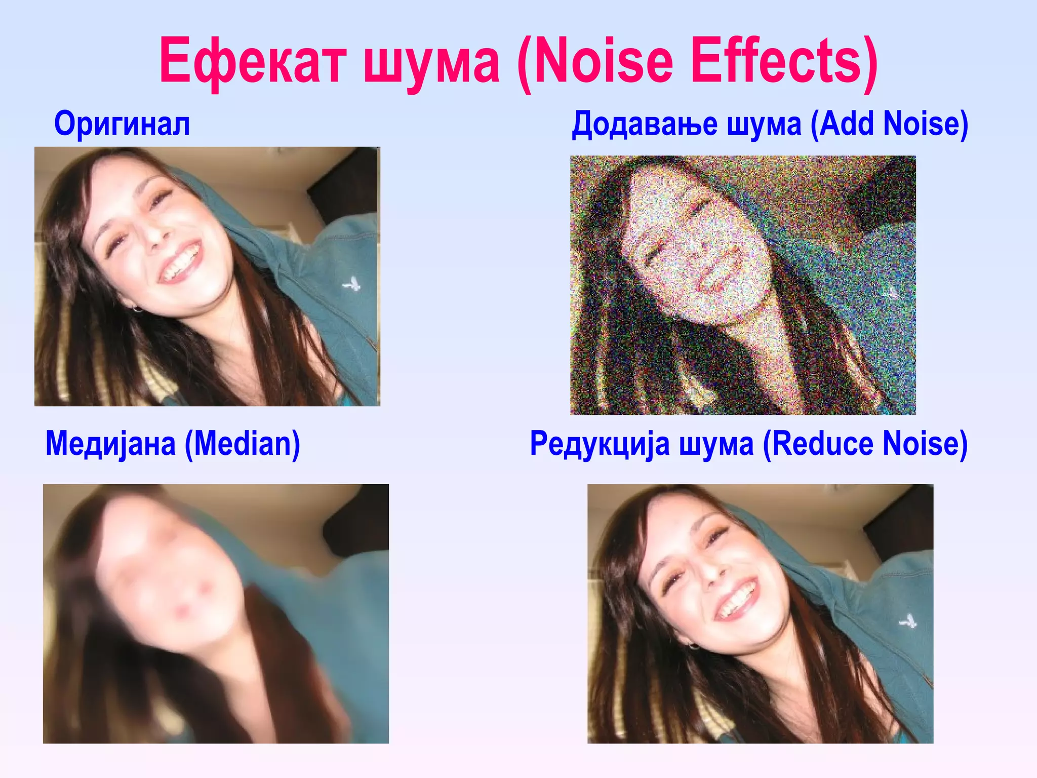 Ефекат шума ( Noise Effects ) Оригинал Редукција шума ( Reduce Noise ) Медијана ( Median ) Додавање шума ( Add Noise ) 