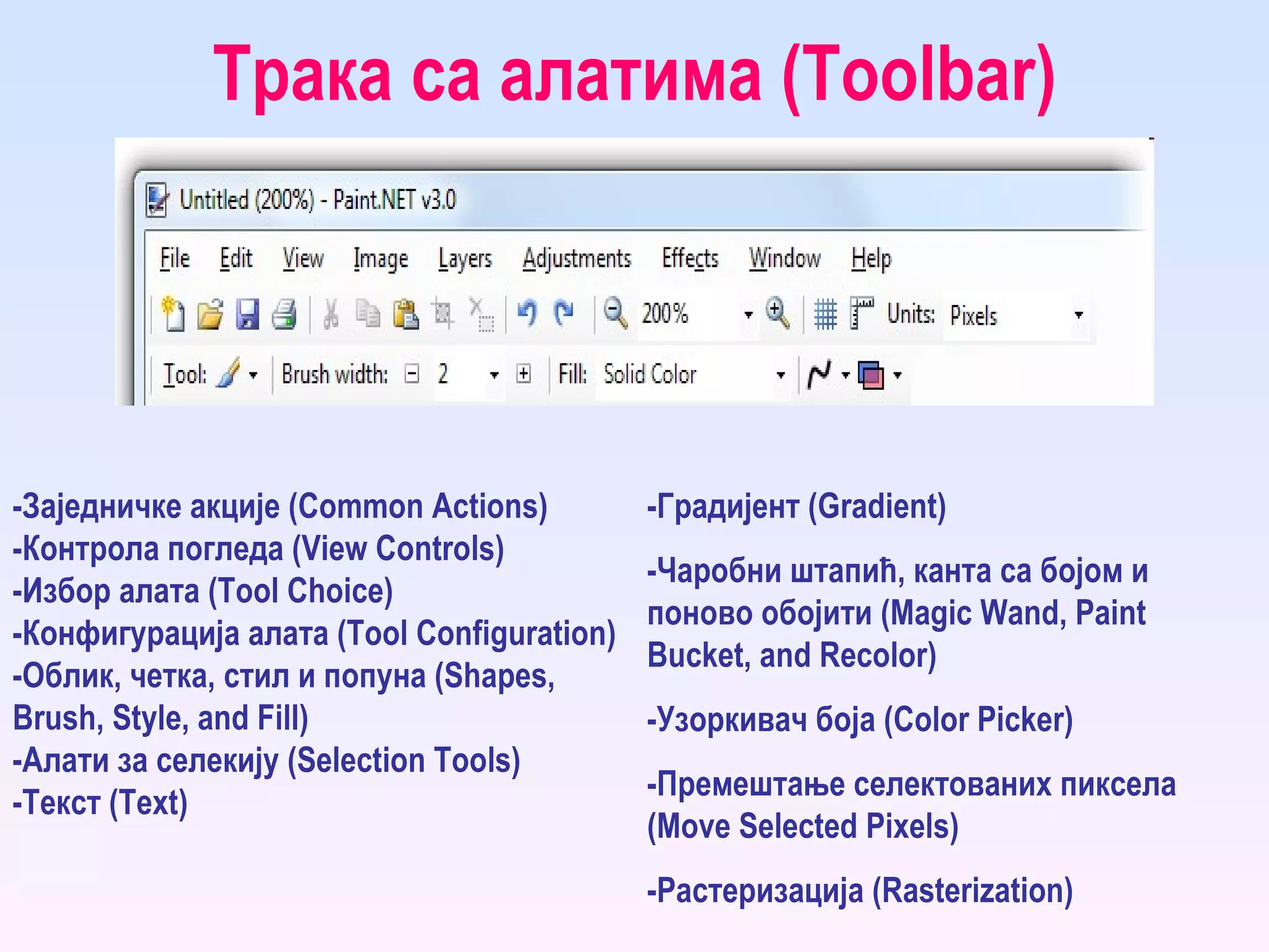 Трака са алатима ( Toolbar ) - Заједничке акције ( Common Actions ) - Контрола погледа ( View Controls ) - Избор алата ( Tool Choice ) - Конфигурација алата ( Tool Configuration ) - Облик, четка, стил и попуна ( Shapes, Brush, Style, and Fill ) - Алати за селекију ( Selection Tools ) - Текст ( Text ) -Градијент (Gradient) -Чаробни штапић, канта са бојом и поново обојити (Magic Wand, Paint Bucket, and Recolor) -Узоркивач боја (Color Picker) -Премештање селектованих пиксела (Move Selected Pixels) -Растеризација (Rasterization) 