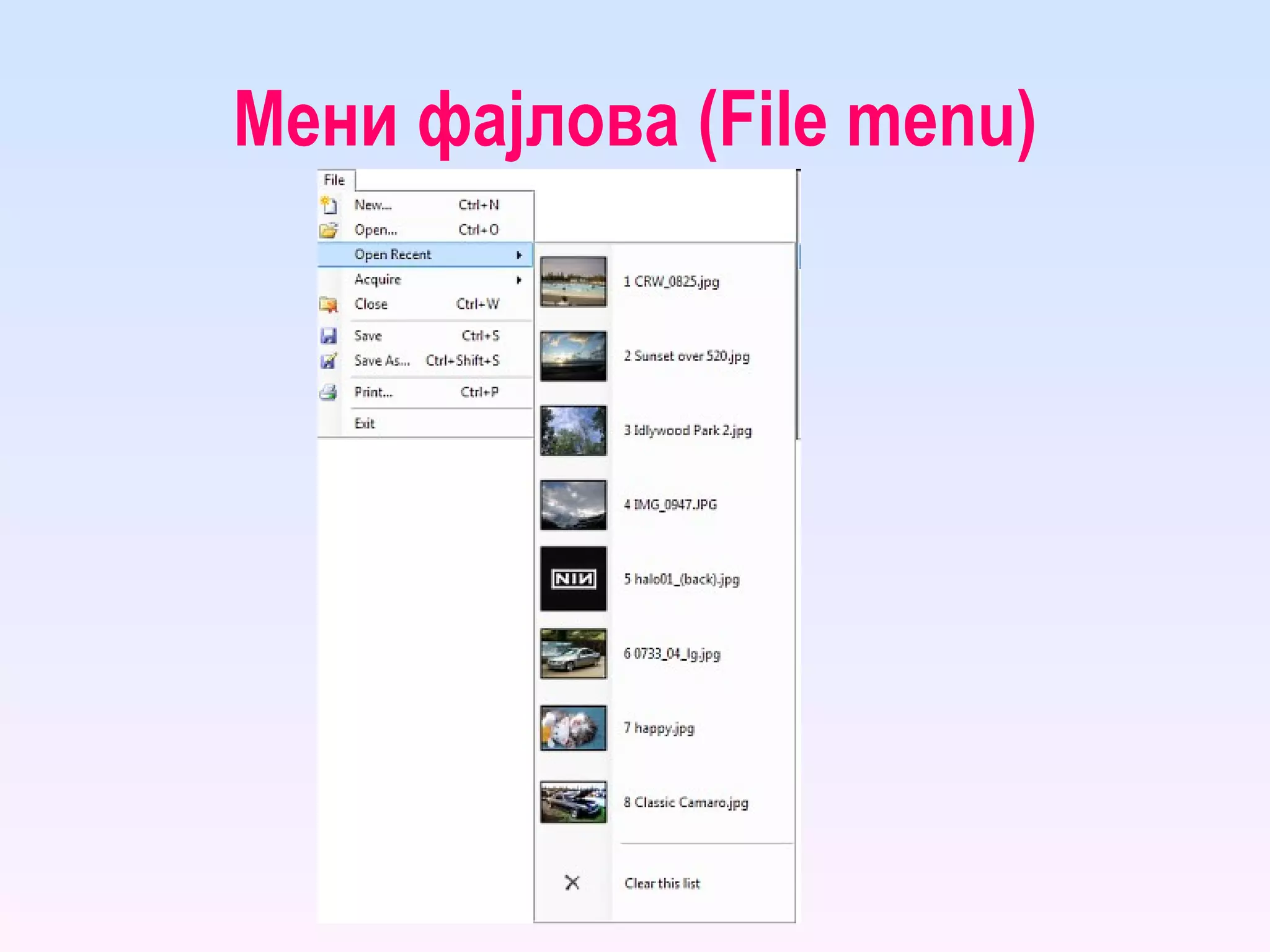 Мени фајлова ( File menu ) 