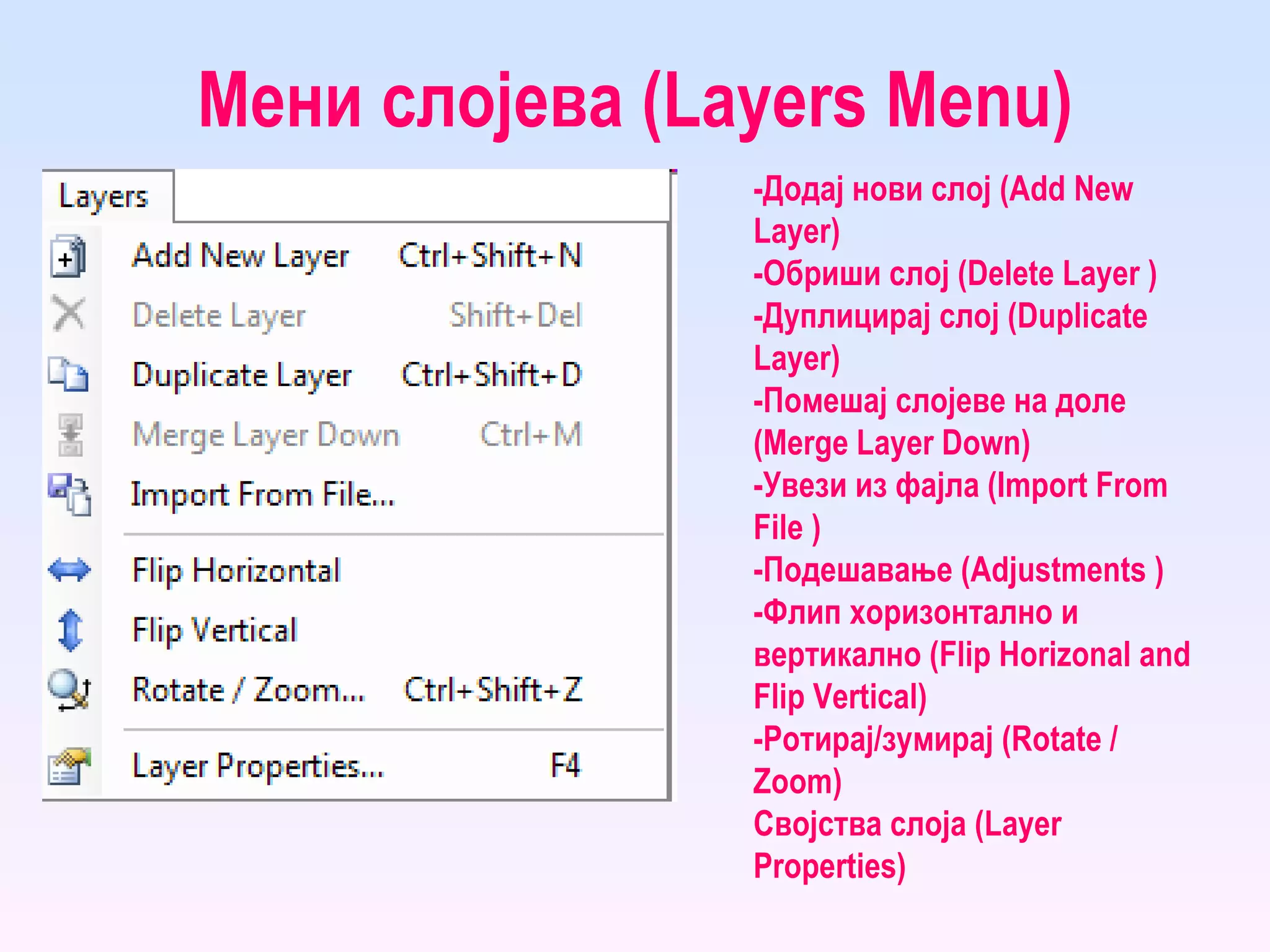 Мени слојева ( Layers Menu ) - Додај нови слој ( Add New Layer ) - Обриши слој ( Delete Layer  ) - Дуплицирај слој ( Duplicate Layer ) - Помешај слојеве на доле ( Merge Layer Down ) - Увези из фајла ( Import From File  ) - Подешавање ( Adjustments  ) - Флип хоризонтално и вертикално ( Flip Horizonal and Flip Vertical ) - Ротирај/зумирај ( Rotate / Zoom ) Својства слоја ( Layer Properties ) 