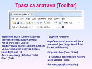 Трака са алатима ( Toolbar ) - Заједничке акције ( Common Actions ) - Контрола погледа ( View Controls ) - Избор алата ( Tool Choice ) - Конфигурација алата ( Tool Configuration ) - Облик, четка, стил и попуна ( Shapes, Brush, Style, and Fill ) - Алати за селекију ( Selection Tools ) - Текст ( Text ) -Градијент (Gradient) -Чаробни штапић, канта са бојом и поново обојити (Magic Wand, Paint Bucket, and Recolor) -Узоркивач боја (Color Picker) -Премештање селектованих пиксела (Move Selected Pixels) -Растеризација (Rasterization) 