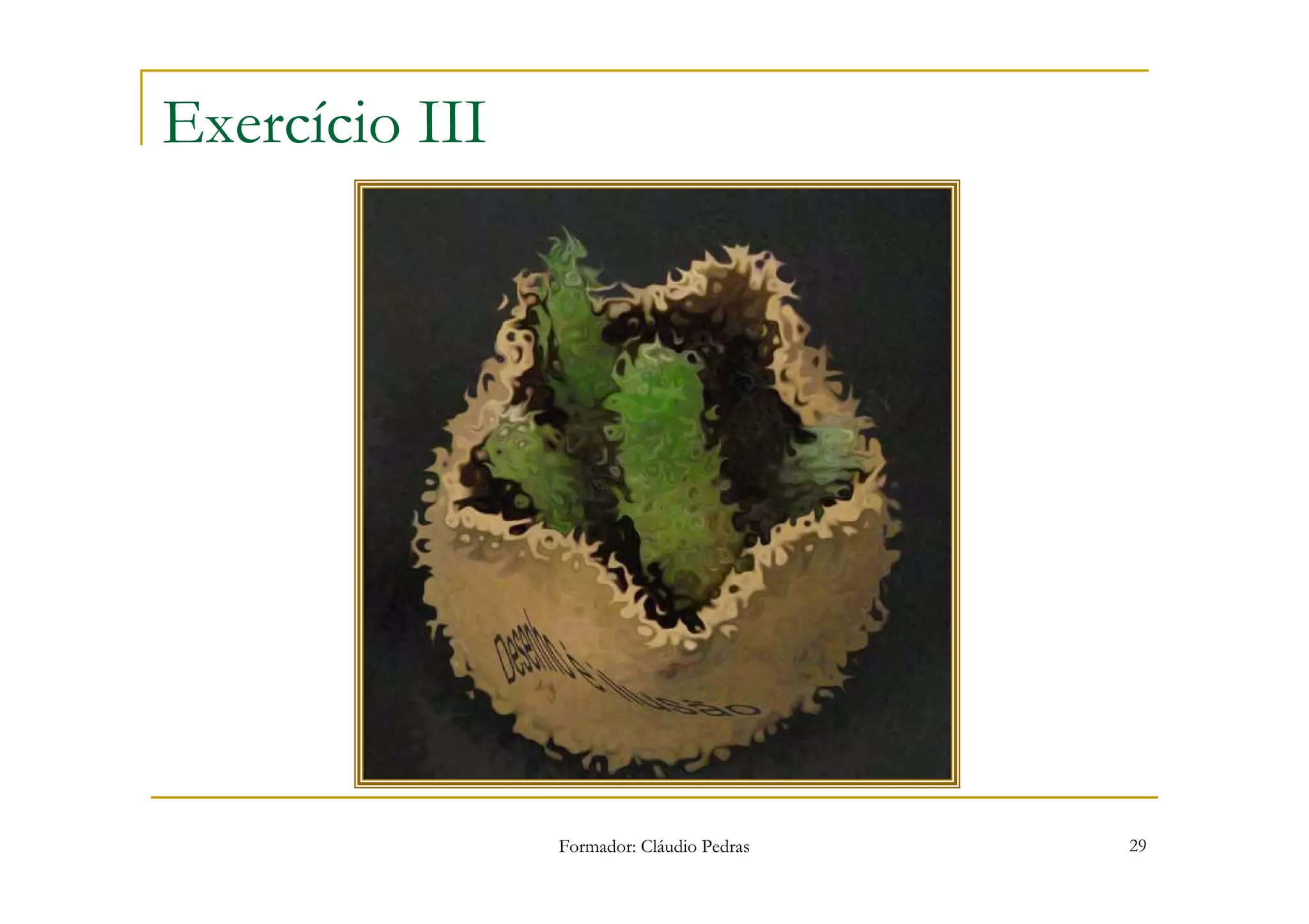 Exercício III




                Formador: Cláudio Pedras   29
 