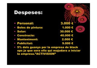 Despeses:

• Personal:                      3.000 €
•   Boles de pintura:             1.000 €
•   Solar:                       30.000 €
•   Construcio:                  40.000 €
•   Manteniment:                  2.000 €
•   Publicitat:                   9.000 €
•   5% dels guanys per la empresa de black
    ops ja que sera ella qui majudara a iniciar
    la empresa.”ACTIVISION”
 