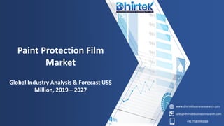 www.dhirtekbusinessresearch.com
sales@dhirtekbusinessresearch.com
+91 7580990088
Paint Protection Film
Market
Global Industry Analysis & Forecast US$
Million, 2019 – 2027
 