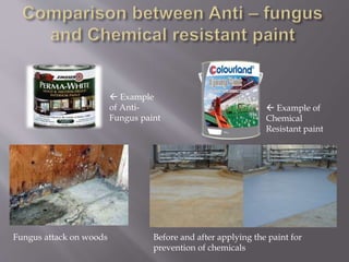  Example
of Anti-
Fungus paint
 Example of
Chemical
Resistant paint
Fungus attack on woods Before and after applying the paint for
prevention of chemicals
 