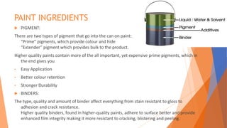 PAINT INGREDIENTS
 PIGMENT:
There are two types of pigment that go into the can on paint:
“Prime” pigments, which provide colour and hide
“Extender” pigment which provides bulk to the product.
Higher quality paints contain more of the all important, yet expensive prime pigments, which in
the end gives you
• Easy Application
• Better colour retention
• Stronger Durability
 BINDERS:
The type, quality and amount of binder affect everything from stain resistant to gloss to
adhesion and crack resistance.
Higher quality binders, found in higher-quality paints, adhere to surface better and provide
enhanced film integrity making it more resistant to cracking, blistering and peeling.
 