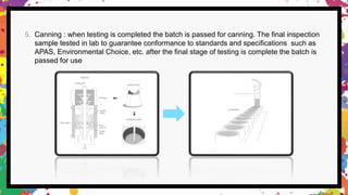 5. Canning : when testing is completed the batch is passed for canning. The final inspection
sample tested in lab to guarantee conformance to standards and specifications such as
APAS, Environmental Choice, etc. after the final stage of testing is complete the batch is
passed for use
 