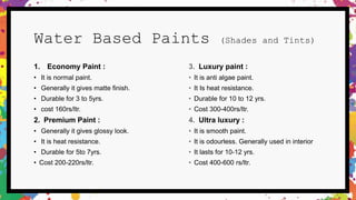 Water Based Paints (Shades and Tints)
1. Economy Paint :
• It is normal paint.
• Generally it gives matte finish.
• Durable for 3 to 5yrs.
• cost 160rs/ltr.
2. Premium Paint :
• Generally it gives glossy look.
• It is heat resistance.
• Durable for 5to 7yrs.
• Cost 200-220rs/ltr.
3. Luxury paint :
• It is anti algae paint.
• It Is heat resistance.
• Durable for 10 to 12 yrs.
• Cost 300-400rs/ltr.
4. Ultra luxury :
• It is smooth paint.
• It is odourless. Generally used in interior
• It lasts for 10-12 yrs.
• Cost 400-600 rs/ltr.
 