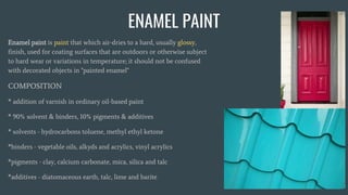 ENAMEL PAINT
Enamel paint is paint that which air-dries to a hard, usually glossy,
finish, used for coating surfaces that are outdoors or otherwise subject
to hard wear or variations in temperature; it should not be confused
with decorated objects in "painted enamel"
COMPOSITION
* addition of varnish in ordinary oil-based paint
* 90% solvent & binders, 10% pigments & additives
* solvents - hydrocarbons toluene, methyl ethyl ketone
*binders - vegetable oils, alkyds and acrylics, vinyl acrylics
*pigments - clay, calcium carbonate, mica, silica and talc
*additives - diatomaceous earth, talc, lime and barite
 