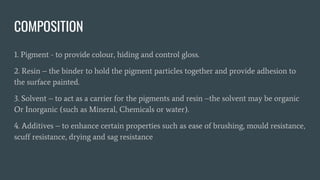 COMPOSITION
1. Pigment - to provide colour, hiding and control gloss.
2. Resin – the binder to hold the pigment particles together and provide adhesion to
the surface painted.
3. Solvent – to act as a carrier for the pigments and resin –the solvent may be organic
Or Inorganic (such as Mineral, Chemicals or water).
4. Additives – to enhance certain properties such as ease of brushing, mould resistance,
scuff resistance, drying and sag resistance
 