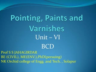Pointing, Paints and Varnishes Unit – VI BCD Prof S S JAHAGIRDAR BE (CIVIL), ME(ENV.),PhD(persuing) NK Orchid college of Engg. and Tech. , Solapur 